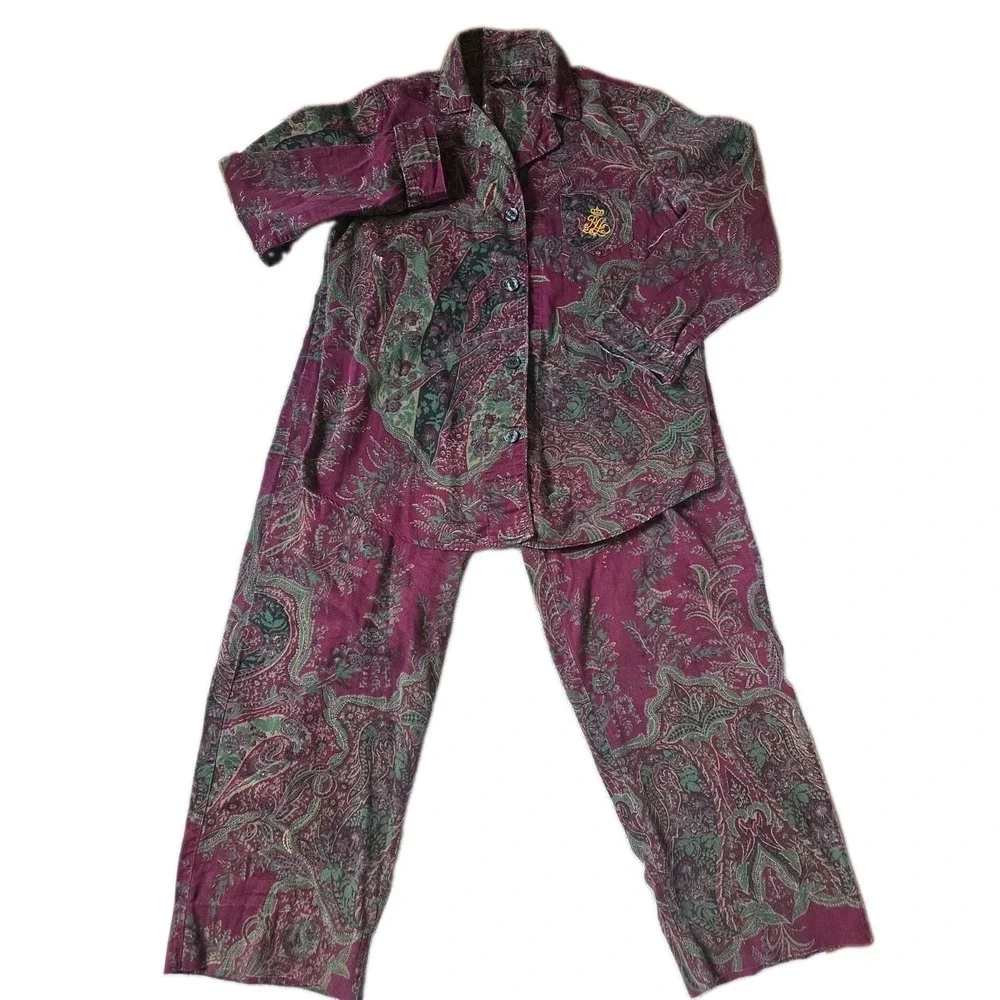 Lauren Ralph Lauren Pajama Set Womens M Maroon Paisley Gold Crest Sleepwear PJ